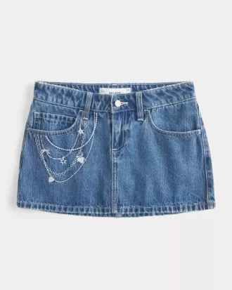 Mini gonna-pantalone in denim con catena ricamata lavaggio medio