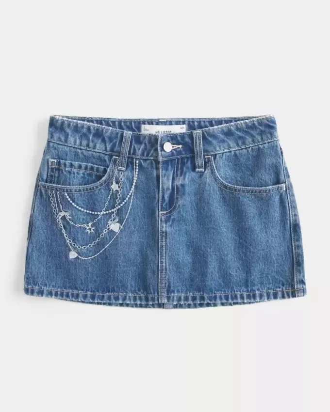 Mini gonna-pantalone in denim con catena ricamata lavaggio medio