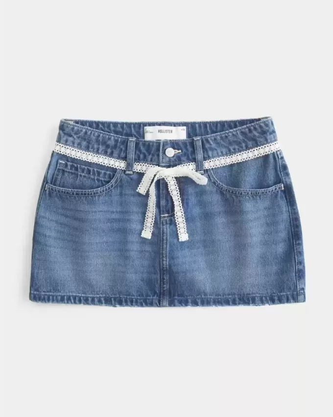Mini gonna-pantalone in denim con lacci in pizzo