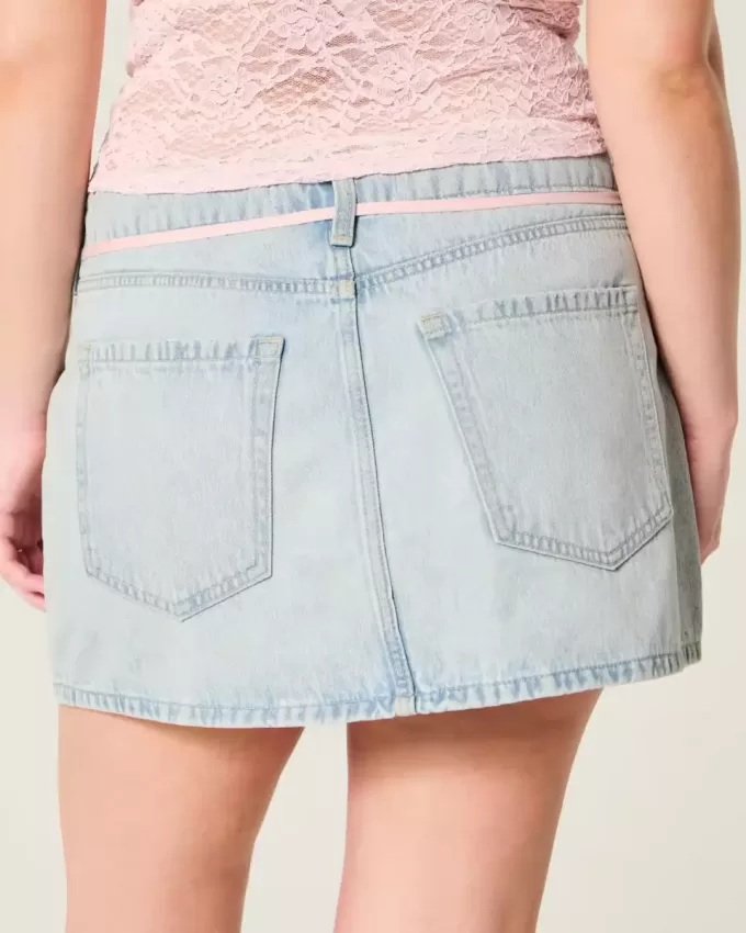Mini gonna-pantalone in denim con lacci lavaggio chiaro