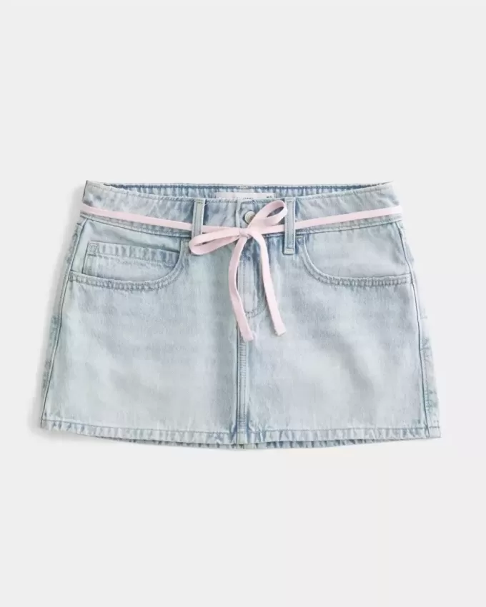 Mini gonna-pantalone in denim con lacci lavaggio chiaro