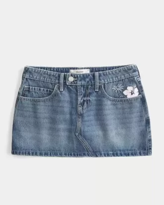 Mini gonna-pantalone in denim ricamato a vita bassa