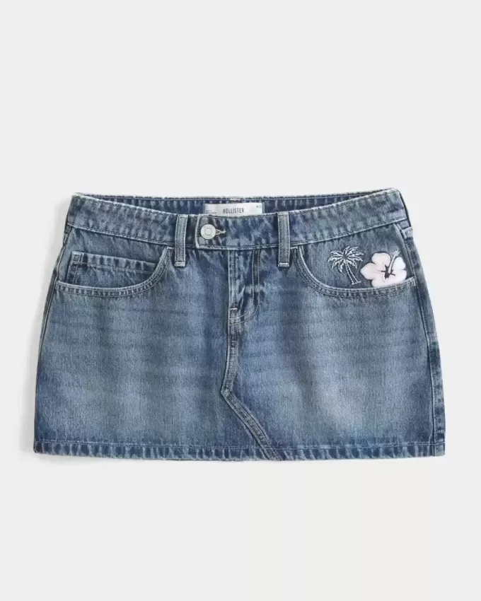 Mini gonna-pantalone in denim ricamato a vita bassa