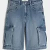 Pantaloncini cargo in denim super larghi con lavaggio medio