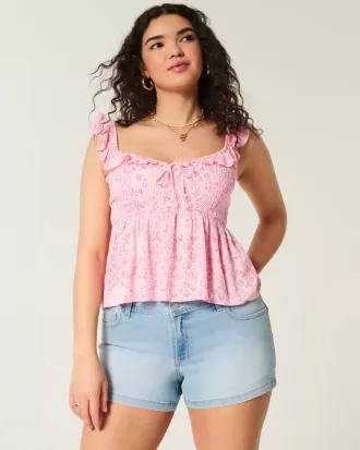 Pantaloncini corti in denim con ricami floreali e lavaggio chiaro a vita bassa e curvy