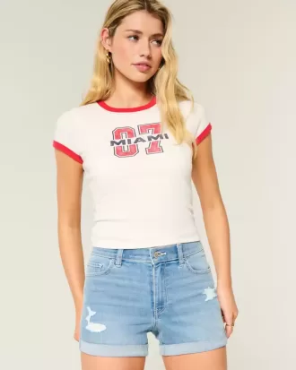 Pantaloncini corti in denim strappato a vita alta e lavaggio medio chiaro