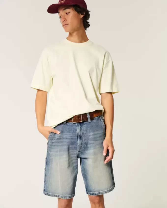 Pantaloncini da pittore in denim larghi con lavaggio medio