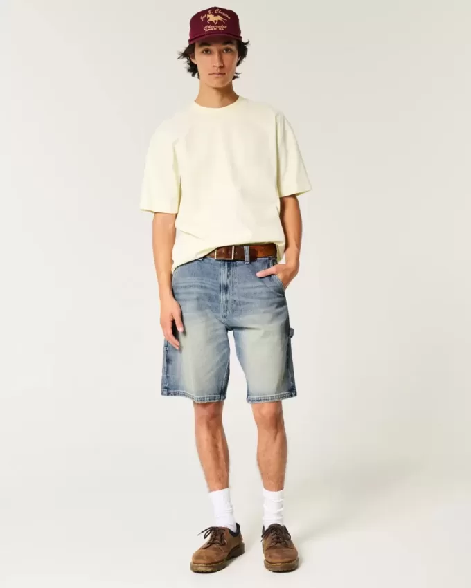 Pantaloncini da pittore in denim larghi con lavaggio medio