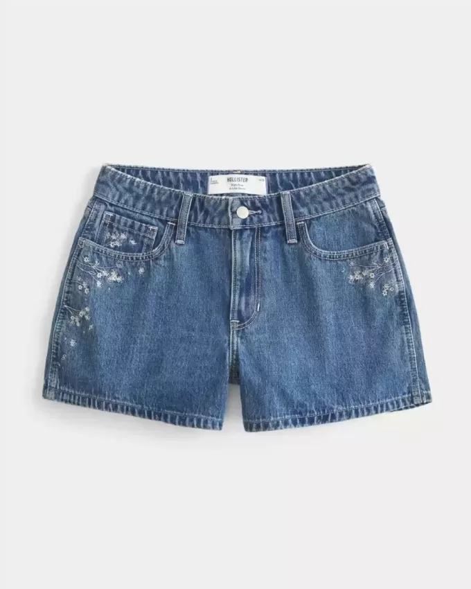 Pantaloncini in denim a trapezio con ricamo floreale e vita alta, lavaggio medio Pantaloncini in denim a trapezio con ricamo floreale e vita alta, lavaggio medio