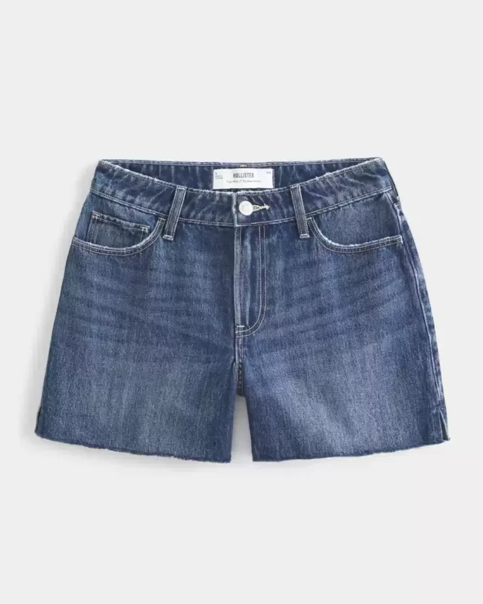 Pantaloncini in denim larghi a vita alta con lavaggio scuro medio, 5″ Pantaloncini in denim larghi a vita alta con lavaggio scuro medio, 5″
