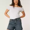 Pantaloncini in denim morbidi e a vita alta con lavaggio scuro, 5″ Pantaloncini in denim morbidi e a vita alta con lavaggio scuro, 5″