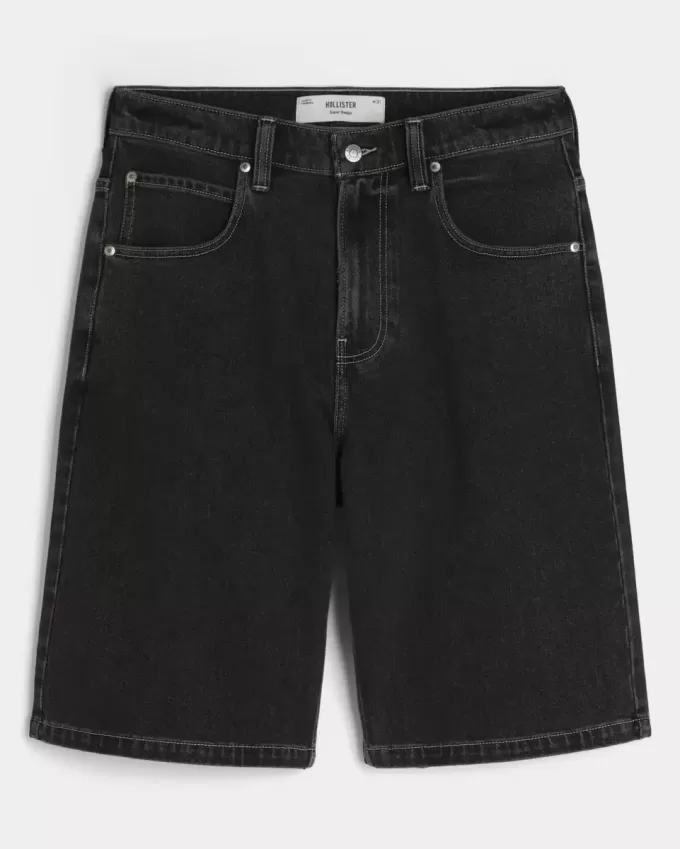 Pantaloncini in denim super larghi con grafica di gatti neri lavati