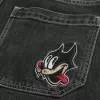 Pantaloncini in denim super larghi con grafica di gatti neri lavati