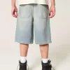 Pantaloncini in denim super larghi con lavaggio medio ingrassato