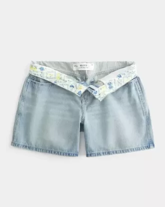 Pantaloncini larghi in denim a vita bassa con risvolto e lavaggio chiaro, 5″