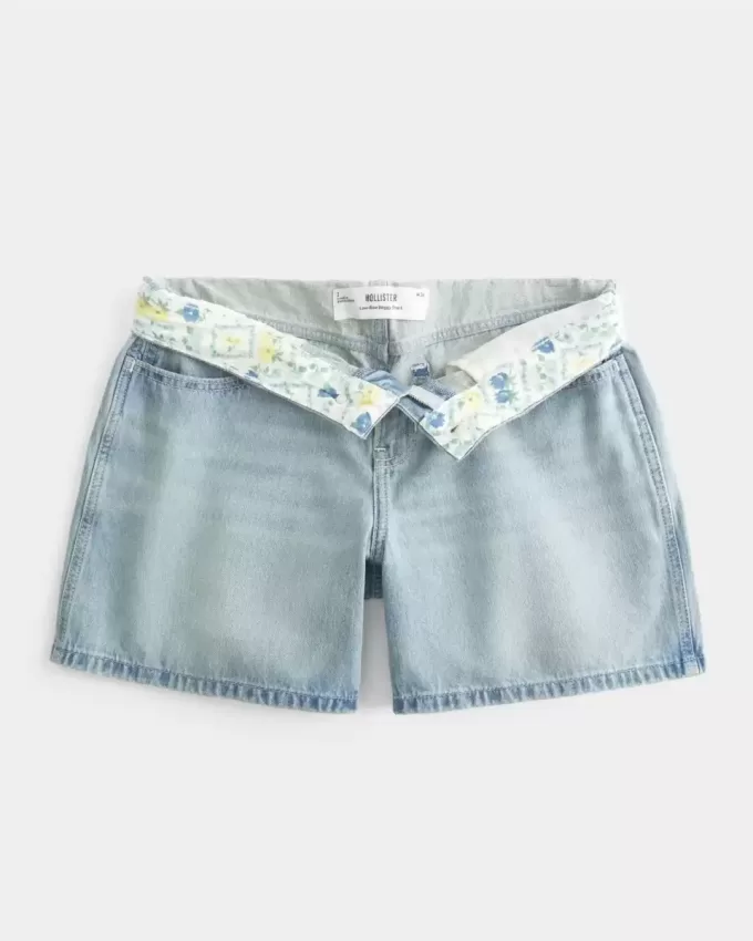 Pantaloncini larghi in denim a vita bassa con risvolto e lavaggio chiaro, 5″ Pantaloncini larghi in denim a vita bassa con risvolto e lavaggio chiaro, 5″