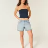 Pantaloncini larghi in denim a vita bassa con risvolto e lavaggio chiaro, 5″ Pantaloncini larghi in denim a vita bassa con risvolto e lavaggio chiaro, 5″