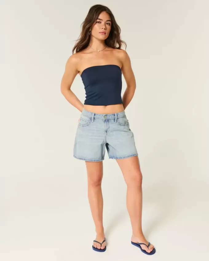 Pantaloncini larghi in denim a vita bassa con risvolto e lavaggio chiaro, 5″ Pantaloncini larghi in denim a vita bassa con risvolto e lavaggio chiaro, 5″