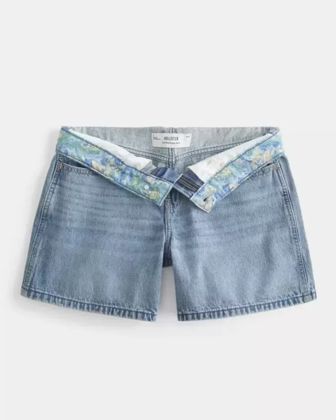 Pantaloncini larghi in denim a vita bassa con risvolto e lavaggio medio, 5″ Pantaloncini larghi in denim a vita bassa con risvolto e lavaggio medio, 5″