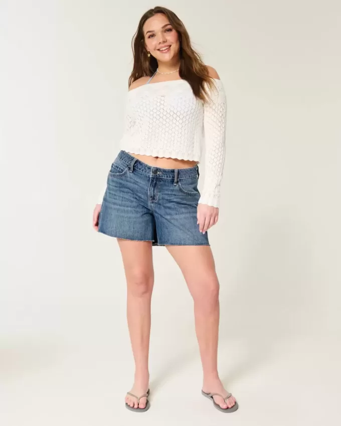 Pantaloncini larghi in denim a vita bassa lavaggio scuro 5″ Pantaloncini larghi in denim a vita bassa lavaggio scuro 5″
