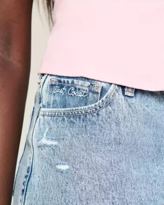 Pantaloncini larghi in denim con ricamo a conchiglia, lavaggio medio, a vita alta, 5″