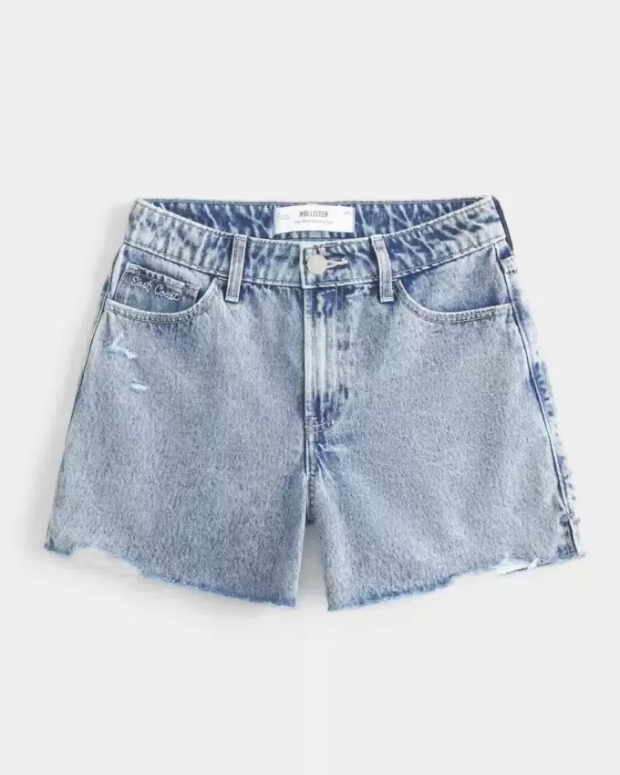 Pantaloncini larghi in denim con ricamo a conchiglia, lavaggio medio, a vita alta, 5″ Pantaloncini larghi in denim con ricamo a conchiglia, lavaggio medio, a vita alta, 5″