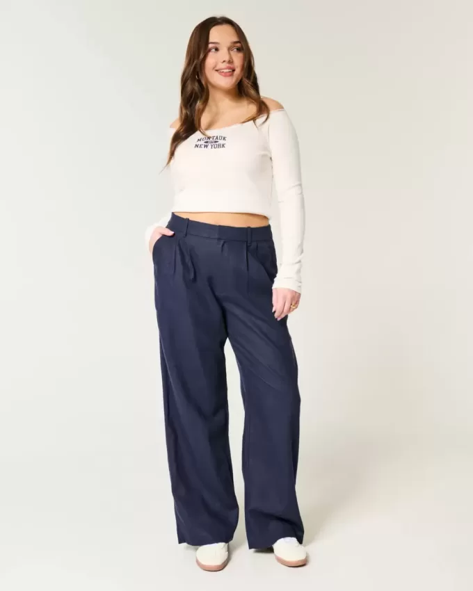 Pantaloni Hollister Livvy a gamba larga in misto lino a vita ultra alta