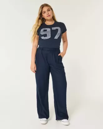 Pantaloni Hollister Livvy a gamba larga in misto lino a vita ultra alta