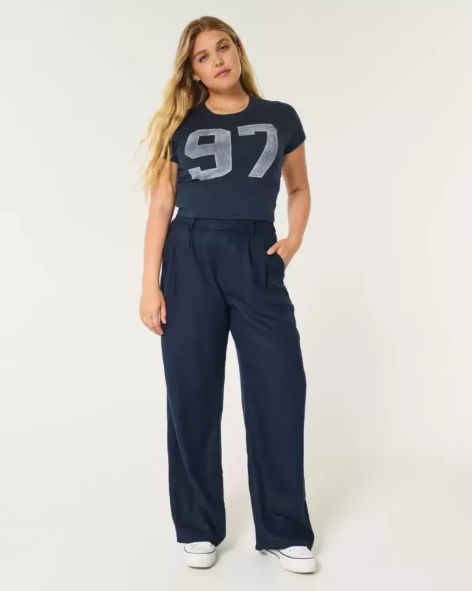 Pantaloni Hollister Livvy a gamba larga in misto lino a vita ultra alta