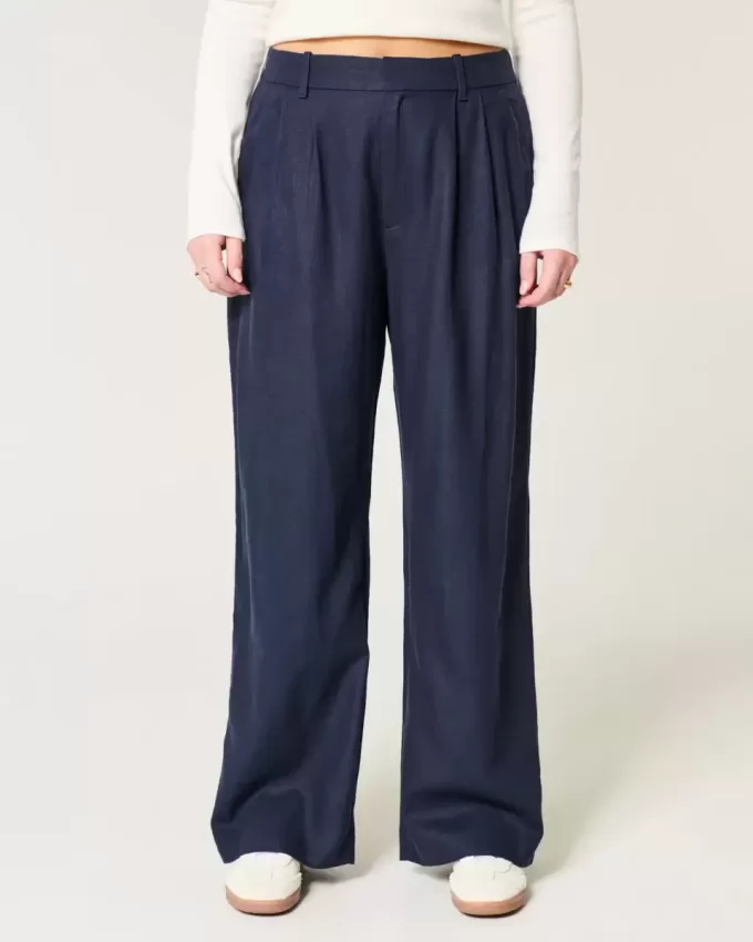 Pantaloni Hollister Livvy a gamba larga in misto lino a vita ultra alta