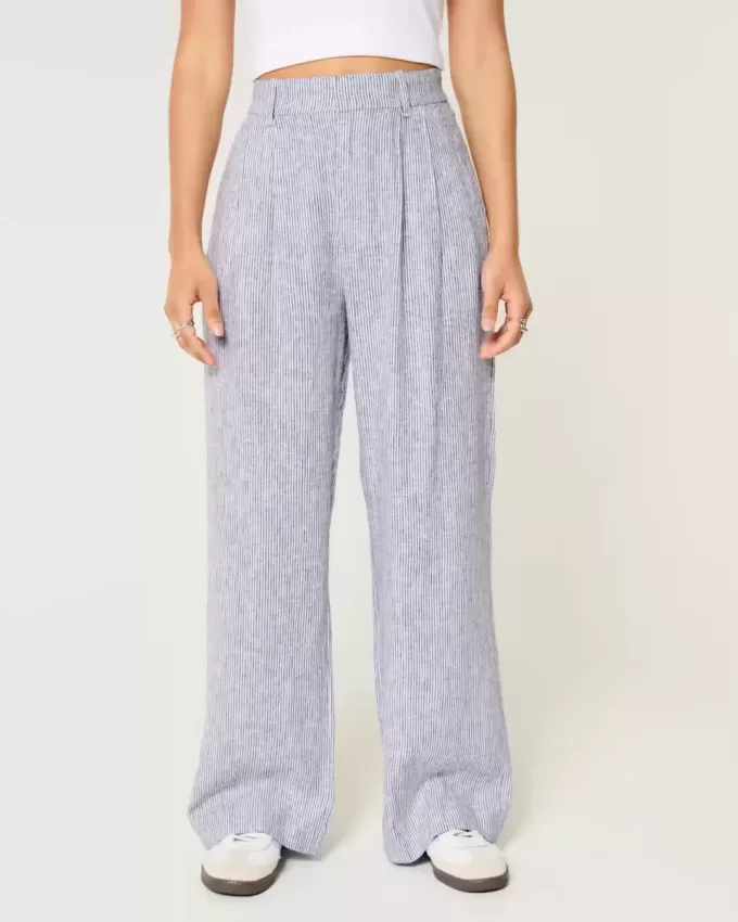 Pantaloni Hollister Livvy a gamba larga in misto lino a vita ultra alta