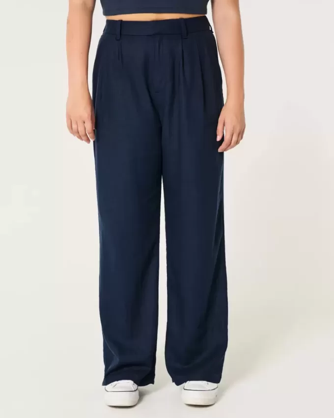 Pantaloni Hollister Livvy a gamba larga in misto lino a vita ultra alta