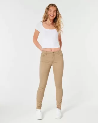 Pantaloni super skinny color cachi a vita alta
