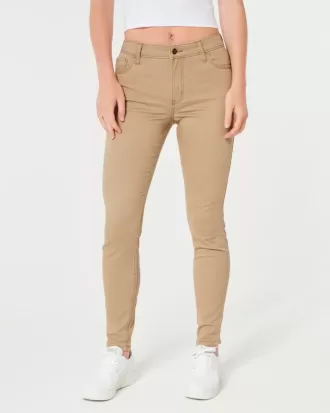 Pantaloni super skinny color cachi a vita alta