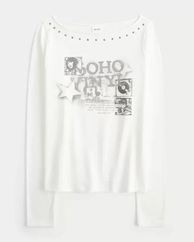 Top con scollo a V e grafica SoHo con borchie Top con scollo a V e grafica SoHo con borchie