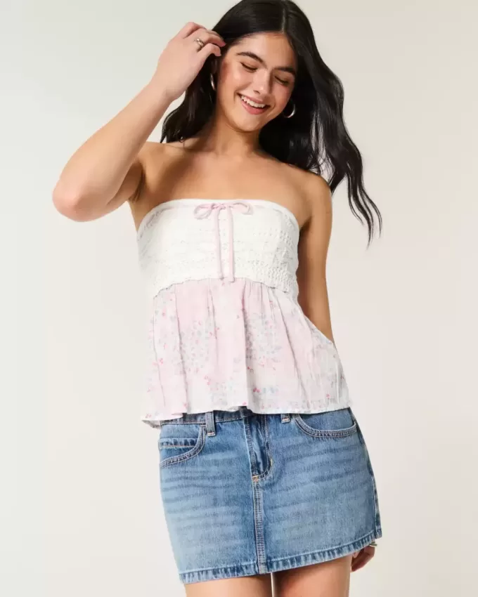 Top senza spalline in tessuto misto stile uncinetto facile